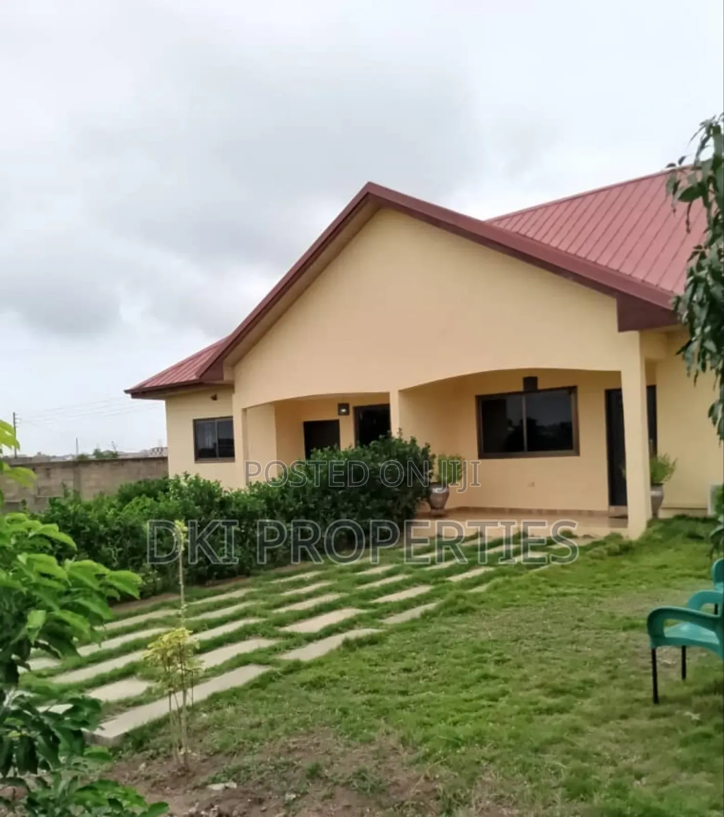 Exterior view of a newly-built 2-bedroom semi-detached house in a Gomoa Fetteh gated community, highlighting the proximity to the sea and the modern, secure development.
